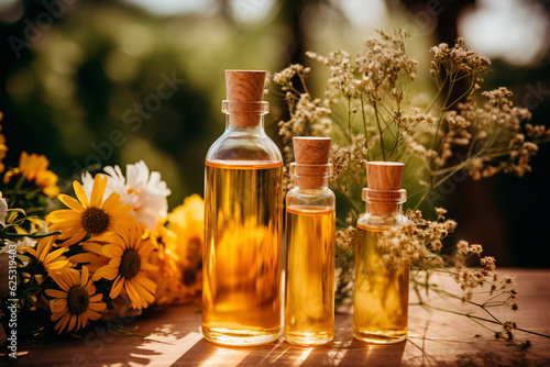 Natural organic oils in glass bottles with a background of nature and flowers on a wooden table.