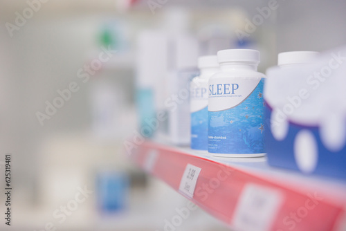 Drugstore shelves filled with medicaments and pharmaceutical products to sell clients prescription or health care treatment. Empty pharmacy with supplements and vitamins, pills bottles.