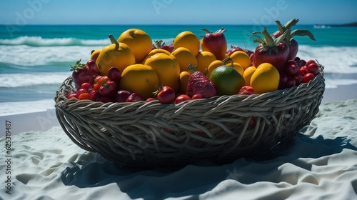 asket with fruits. Vibrant fruit basket near crystal clear beach water on a sunny day - perfect Vitamin Sea escape. Ideal for health, travel & leisure concepts photo