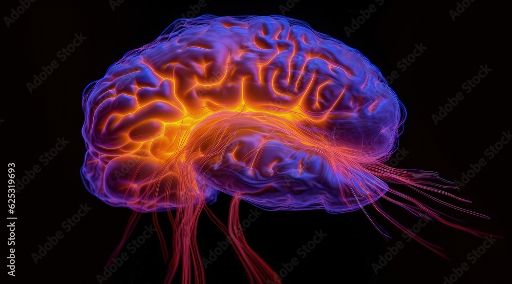 Obraz premium Close up of human brain showing neurons firing and neural extensions, limbic system Mammillary pituitary gland, amygdala thalamus, cingulate gyrus, corpus callosum, hypothalamus. Generative AI. 
