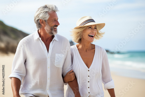 Happy mature couple on a sandy beach coast. High quality photo © Starmarpro