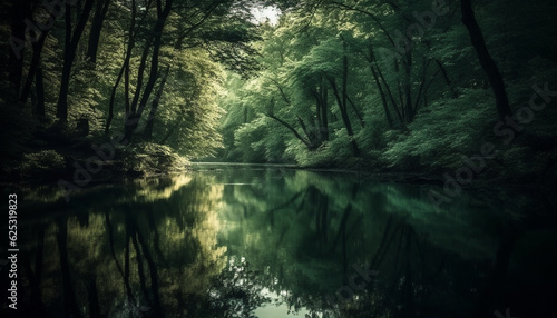 Tranquil rural scene with green leaves and reflection in pond generated by AI
