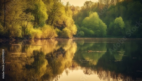 Tranquil scene of natural beauty forest, pond, and reflection generated by AI