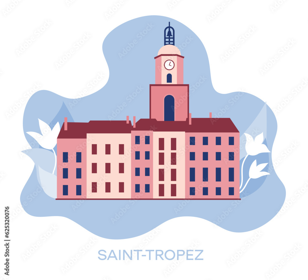 Saint-Tropez, France Traveling to France, learning French. Landmarks of France. Flat design, vector illustration.