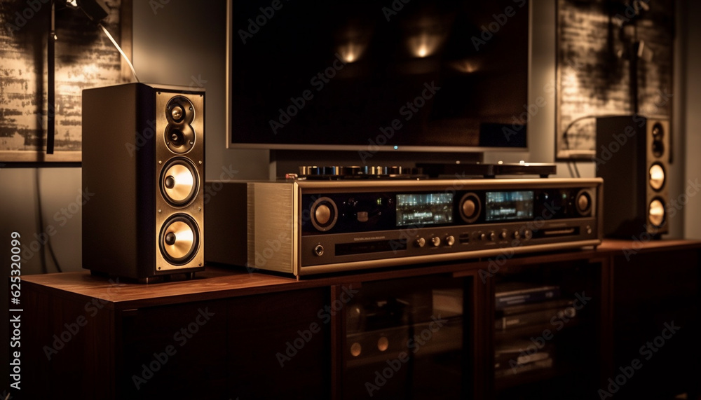 Fototapeta premium Modern stereo equipment in elegant home interior with wood material generated by AI