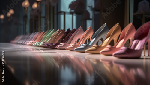 Multi colored high heels in a row, reflecting elegance and luxury generated by AI