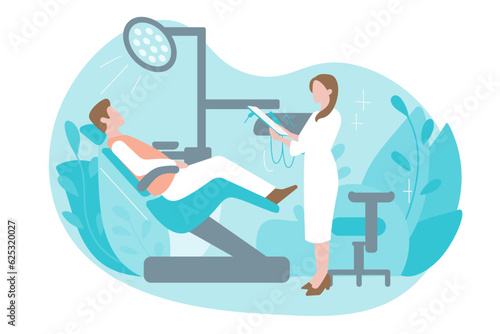 Teeth whitening and professional cleaning procedures. Braces. Aesthetic dentistry, dental aesthetic clinic. Vector illustration in flat style