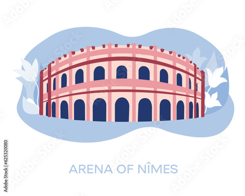 Arena Nimes, France Traveling to France, learning French. Landmarks of France. Flat design, vector illustration.