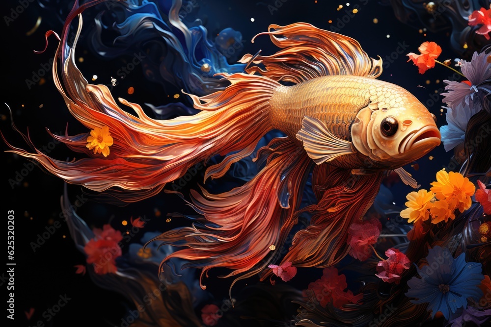A painting of a goldfish in a pond of flowers. Generative AI.