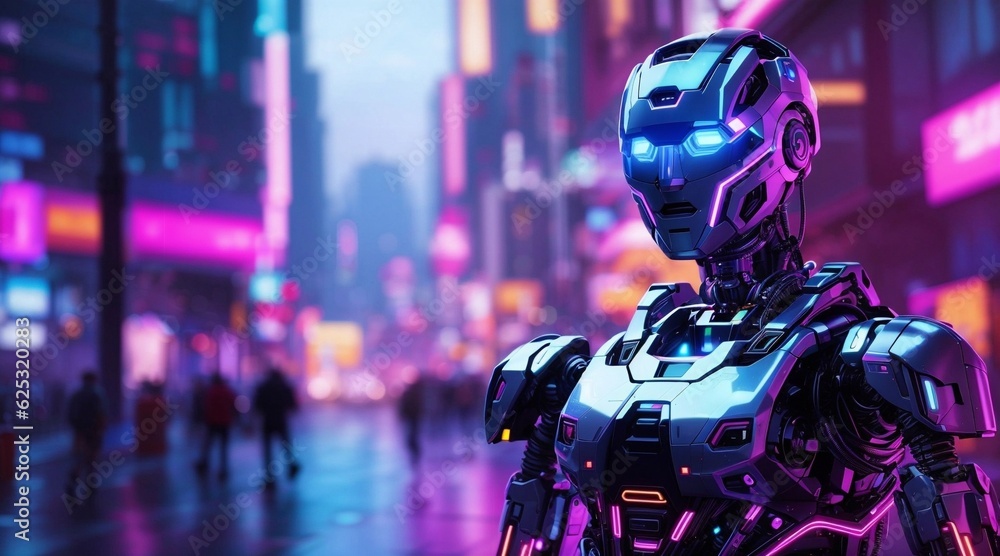 An AI-powered robot standing in a futuristic cityscape, illuminated by neon lights An AI-powered robot standing in a futuristic cityscape, illuminated by neon lights