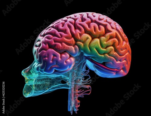 Close up of human brain showing neurons firing and neural extensions, limbic system Mammillary pituitary gland, amygdala thalamus, cingulate gyrus, corpus callosum, hypothalamus. Generative AI. 