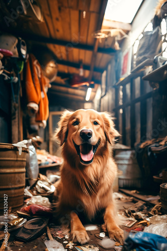 Portrait of very happy golden retriever playing in favela in brazil, generated by AI