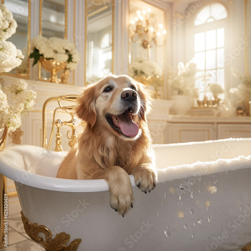 Portrait of very happy golden retriever playing in a bathtub, generated by AI