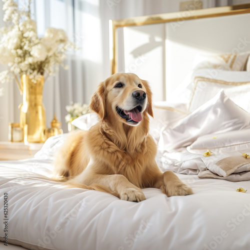 Portrait of a very happy golden retriever lying in bed, generated by AI