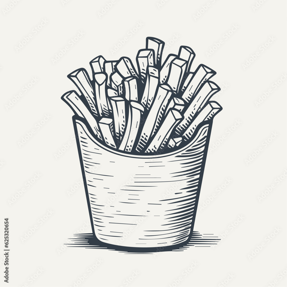 French fries in paper cup. Vintage woodcut engraving style vector illustration.