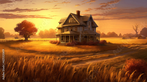An abandoned, lonely American-style country house in the midst of wild grass thickets in a picturesque setting. Autumn time.