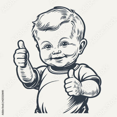 Baby approves showing thumb up. Vintage woodcut engraving style vector illustration.