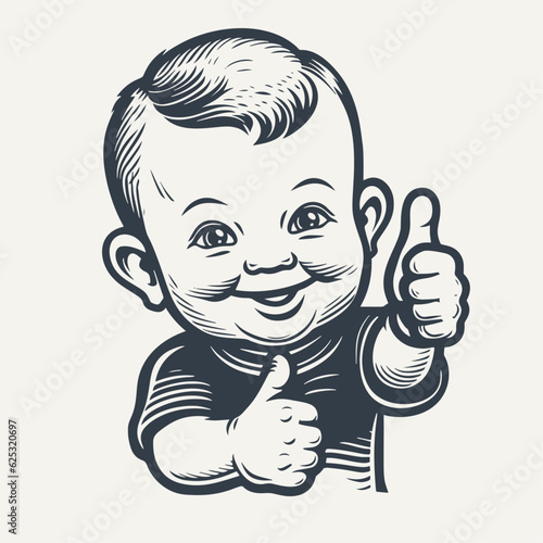 Toddler approves showing thumb up. Vintage woodcut engraving style vector illustration.