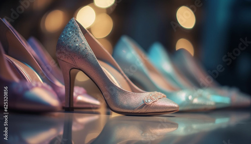 Shiny stiletto shoes in a row, reflecting elegance and glamour generated by AI