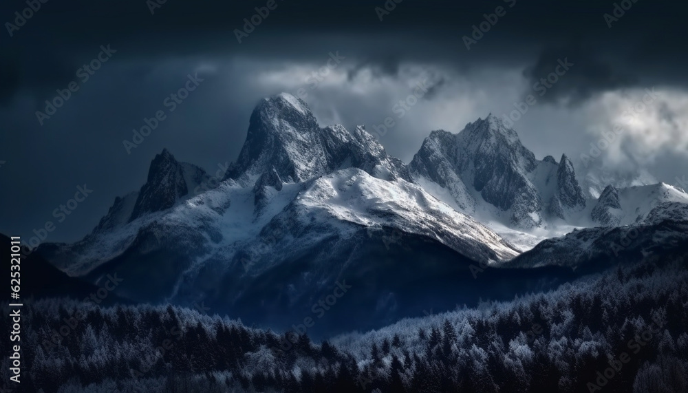 Majestic mountain range, panoramic landscape, tranquil scene, dramatic sky generated by AI