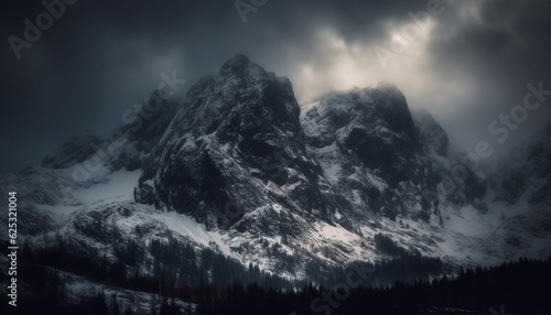 Majestic mountain range, dark winter sky, tranquil scene, no people generated by AI © djvstock