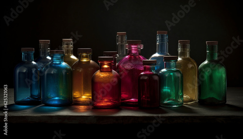 Multi colored glass bottles contain liquid of various colors and materials generated by AI