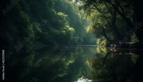 Tranquil scene of a forest pond reflects the beauty of nature generated by AI