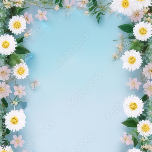 frame of white flowers and daisies on a blue background. © Shubham