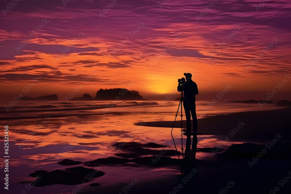 Photographer with camera on the beach at sunset ai generated