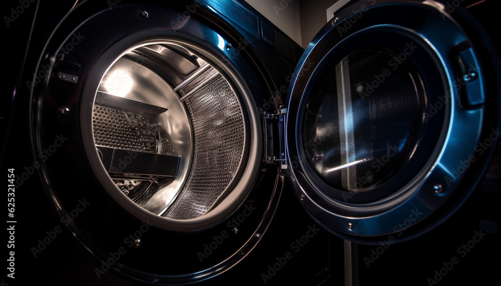 Modern washing machine spins metallic clothing in clean laundromat generated by AI