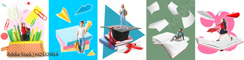 Collage with different students and big school stationery