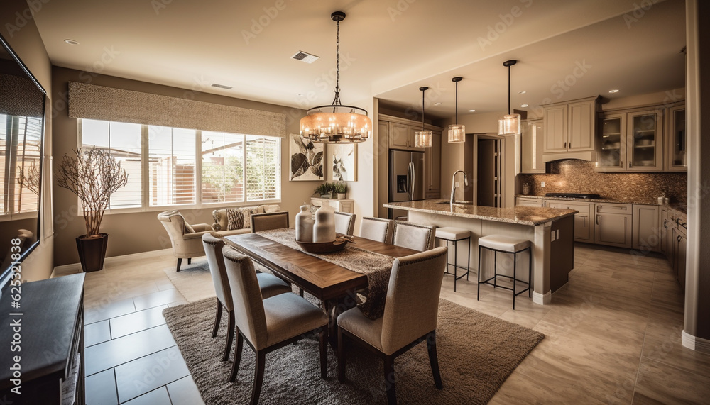 Fototapeta premium Modern domestic room with elegant design, luxury wood flooring and lighting generated by AI