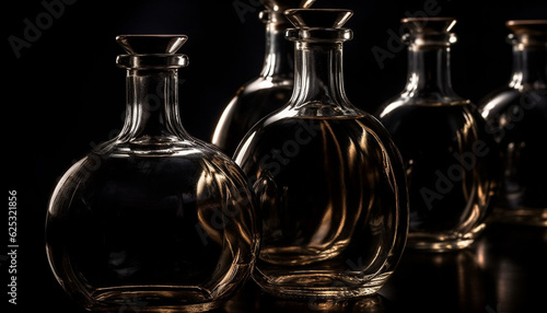Luxury alcohol container collection in a row on black background generated by AI