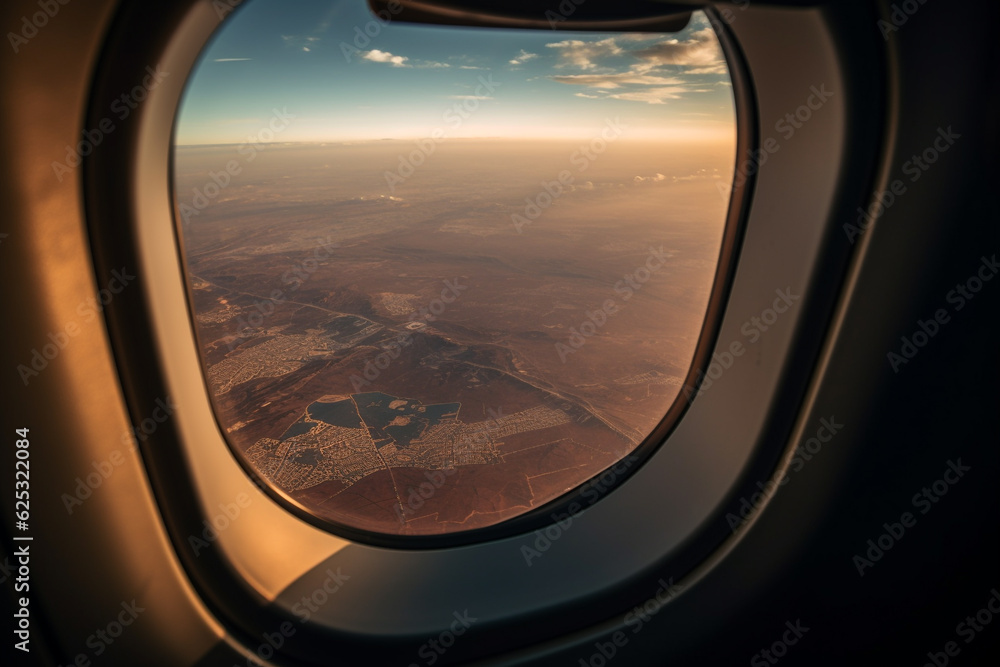 A view from the window of an airplane. Flying over the ground, view over an abyss, flying . Beautiful scenic view of sunset through aircraft window. Image save-path for window airplane. Generative AI. A view from the window of an airplane. Flying over the ground, view over an abyss, flying . Beautiful scenic view of sunset through aircraft window. Image save-path for window airplane. Generative AI.