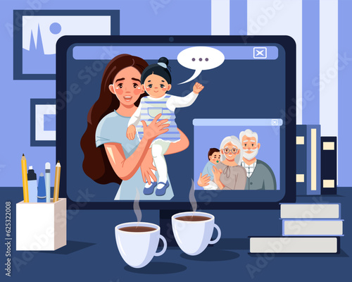 A young woman with a small child communicates with her elderly parents via video link. Online communication, communication, technology concept. Vector illustration in cartoon style