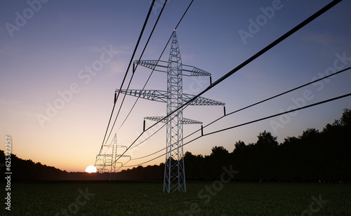 Industrial energy tower with overhead power lines over sunset horizon sky. Renewable sources electricity travelling inside web of interconnected electric cables, 3D render animation