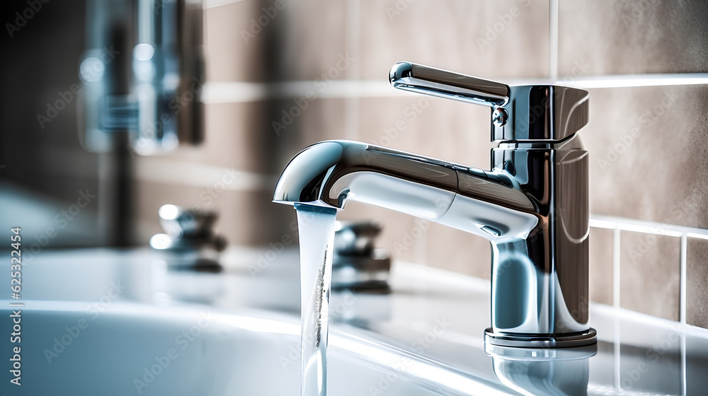 An open faucet and a jet of water in a luxurious bathroom, against a wall background. Generative. An open faucet and a jet of water in a luxurious bathroom, against a wall background. Generative.