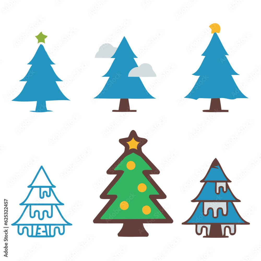 Obraz premium Colorful cartoon Christmas tree vector set.