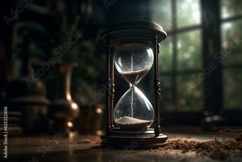 Time. An irreversible current flowing in only one direction, from past, through present to the future. Hourglass, seconds, clock, abstract eternity. Disappears and falls into oblivion. Generative AI. 