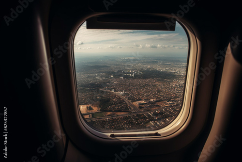 A view from the window of an airplane. Flying over the ground, view over an abyss, flying . Beautiful scenic view of sunset through aircraft window. Image save-path for window airplane. Generative AI.