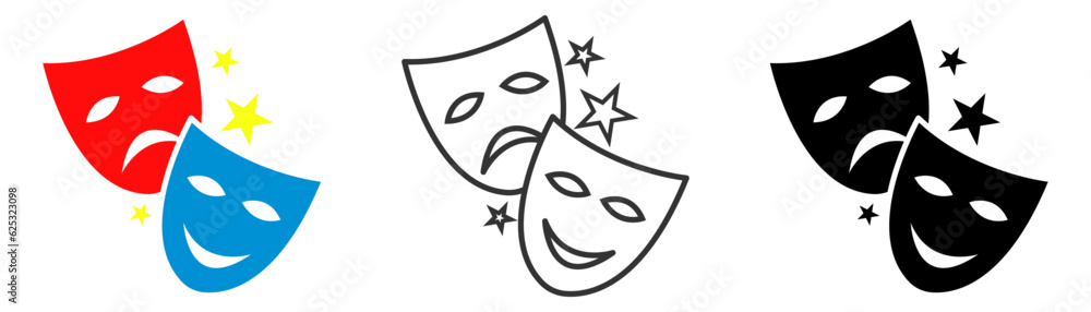 Theater masks icon. Masks Comedy and tragedy theater masks icons. Comic-tragic mask for the theater stage on a white background eps10