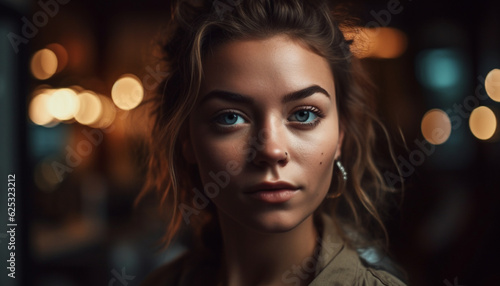 Beautiful young woman with brown hair looking confidently at camera generated by AI