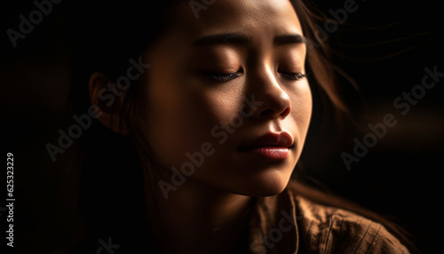 One young woman sensuality in close up looking at dark grief generated by AI