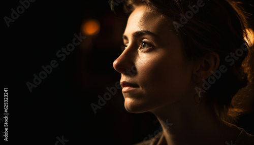 Beautiful young woman in contemplation, looking away indoors at night generated by AI
