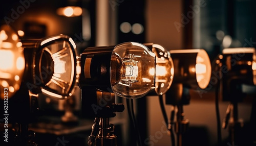 Shiny electric lamp illuminates modern nightclub stage, no people present generated by AI