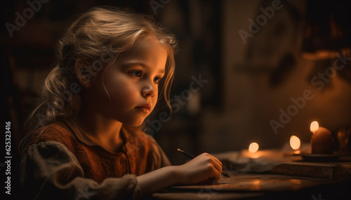 A cute Caucasian girl holding a candle, smiling in solitude generated by AI
