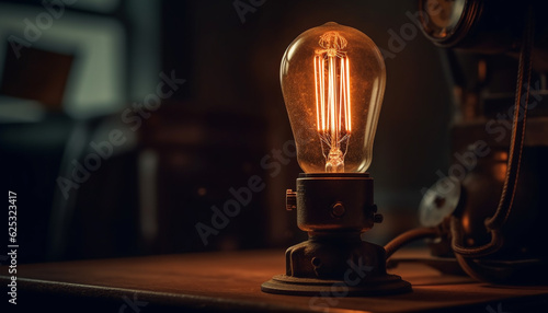 Old fashioned electric lamp with glowing filament on rustic wooden table generated by AI