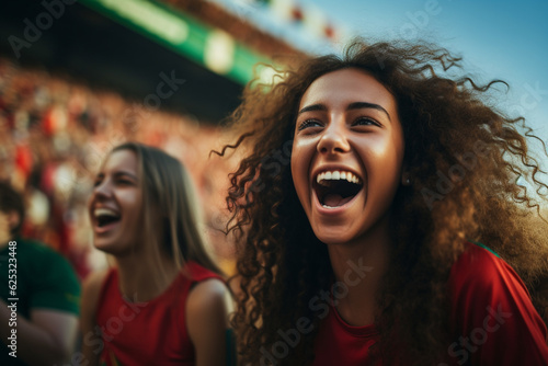 Female fans of soccer, women on the stand of soccer, supporting their favorite team, emotions joy laughter and shouts of joy and support . fan club  © Alla