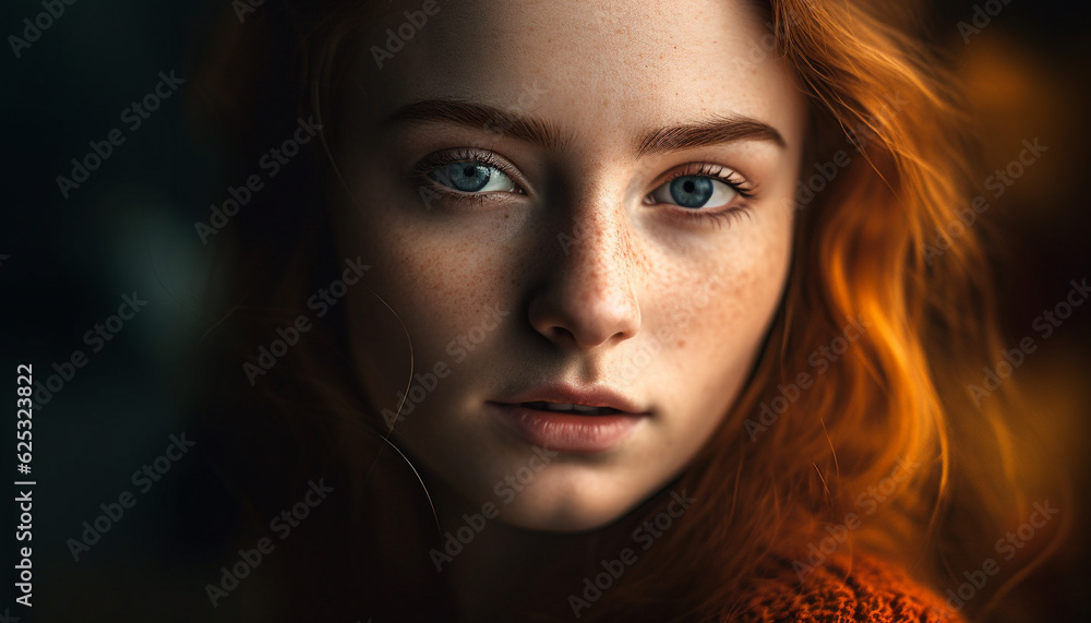Beautiful young woman exudes confidence and sensuality in headshot portrait generated by AI Beautiful young woman exudes confidence and sensuality in headshot portrait generated by AI