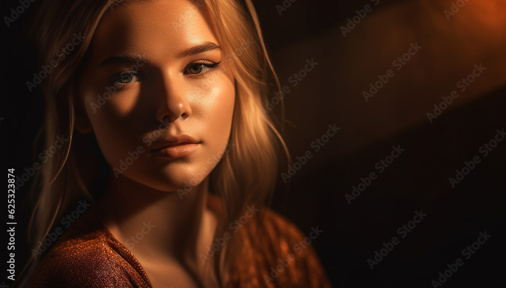 Beautiful woman with long brown hair looking confidently at camera generated by AI Beautiful woman with long brown hair looking confidently at camera generated by AI